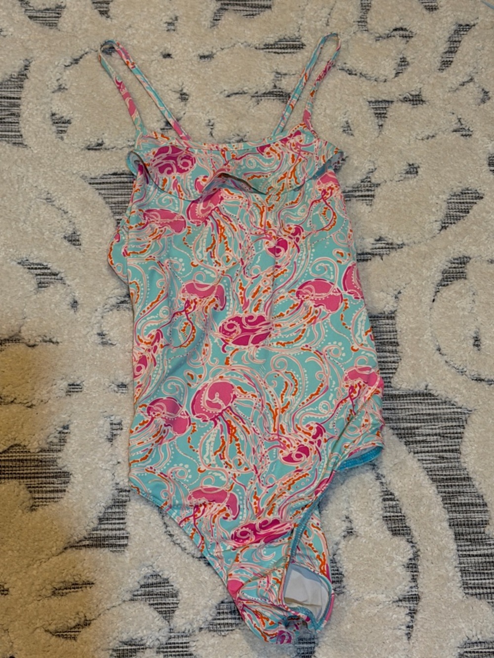 Lilly Pulitzer Girls Sz 14 Turquoise One-Piece Swimsuit Pink & Orange Jellyfish